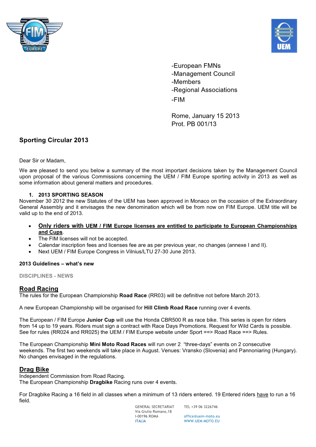 Sporting Circular 2013 Road Racing Drag Bike -European Fmns -Management Council -Members -Regional Associations -FIM Rome, Janua