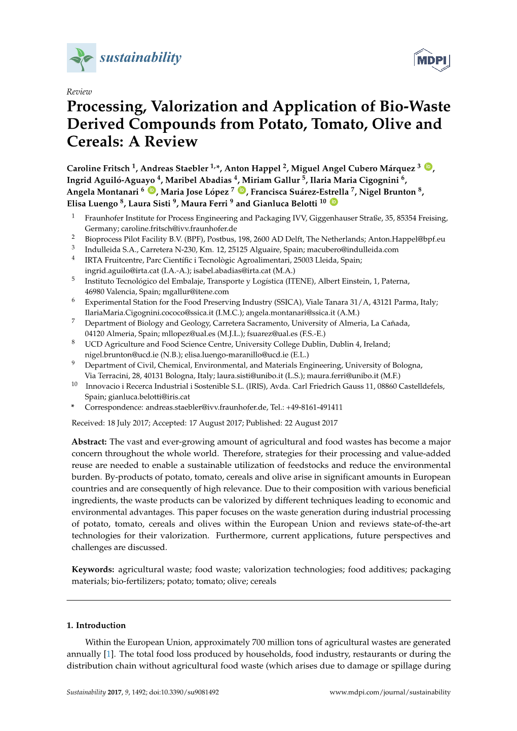 Processing, Valorization and Application of Bio-Waste Derived Compounds from Potato, Tomato, Olive and Cereals: a Review