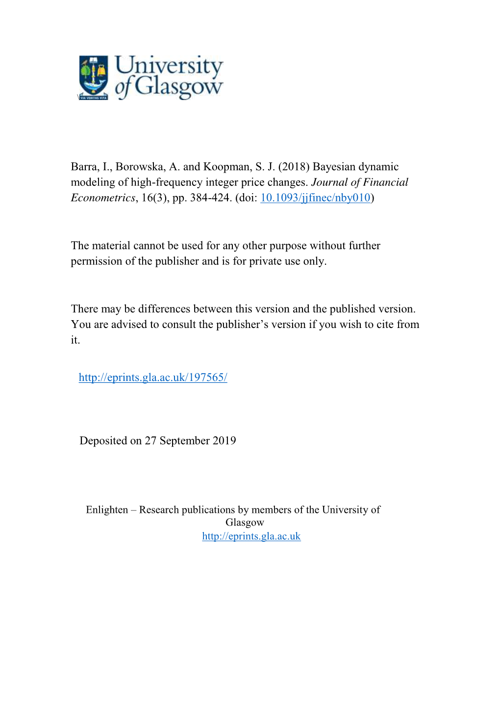 Bayesian Dynamic Modeling of High-Frequency Integer Price Changes. Journal of Financial Econometrics, 16(3), Pp