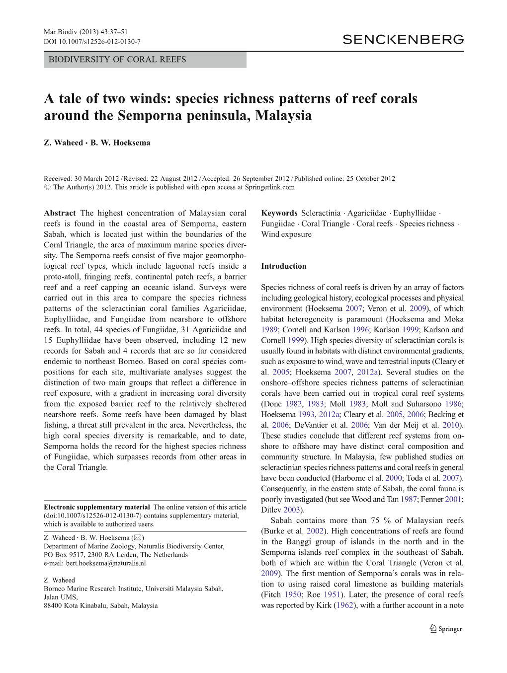 Species Richness Patterns of Reef Corals Around the Semporna Peninsula, Malaysia