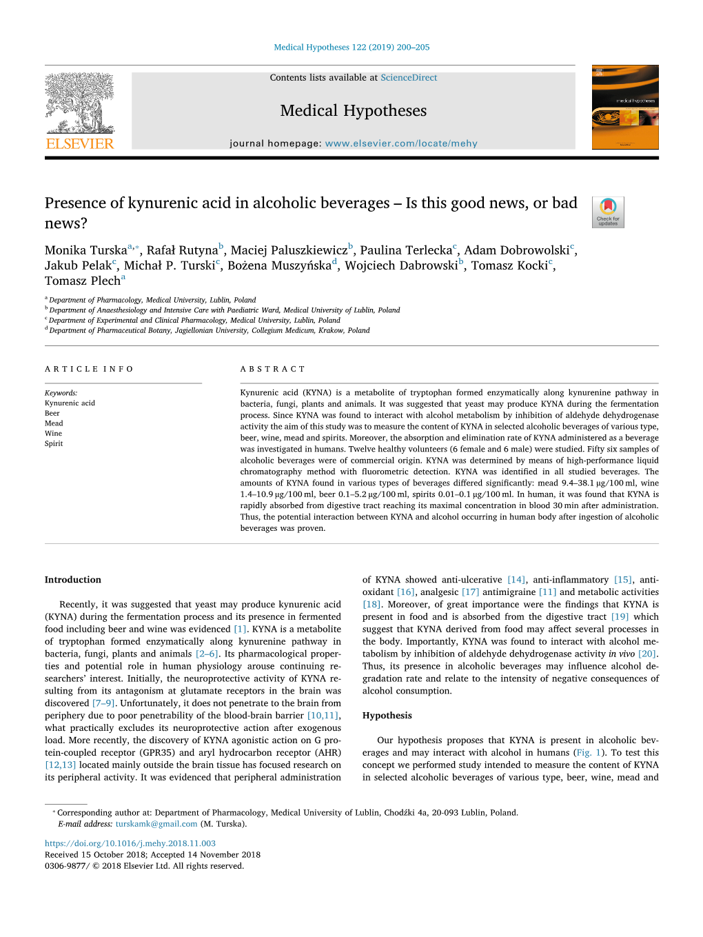 Presence of Kynurenic Acid in Alcoholic Beverages – Is This Good News, Or Bad News?