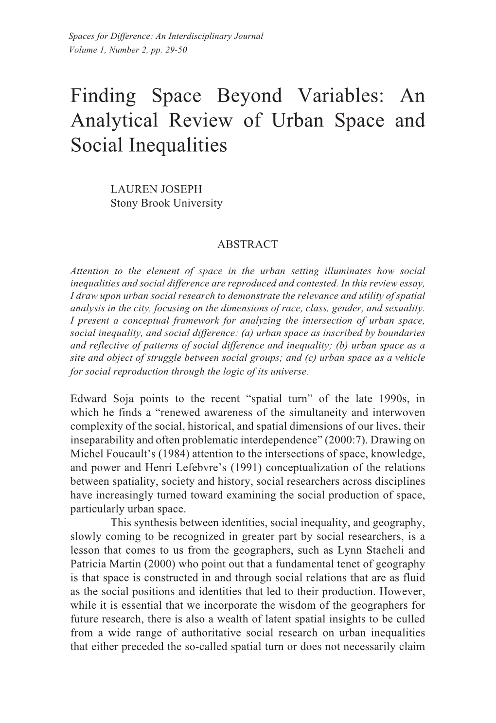 An Analytical Review of Urban Space and Social Inequalities
