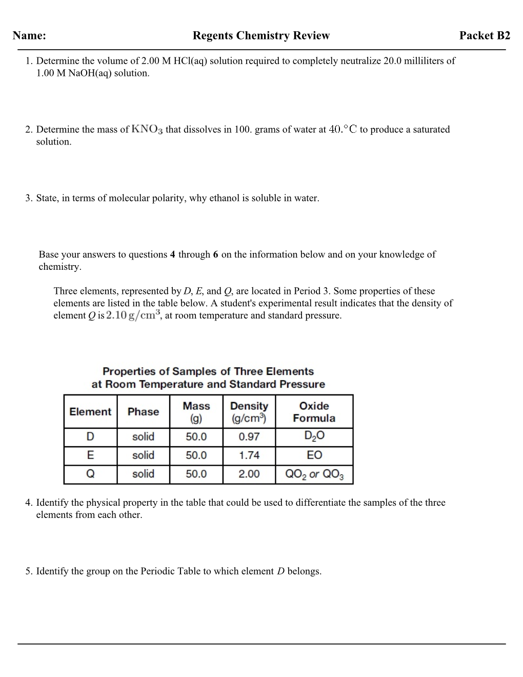 Name: Regents Chemistry Review Packet B2