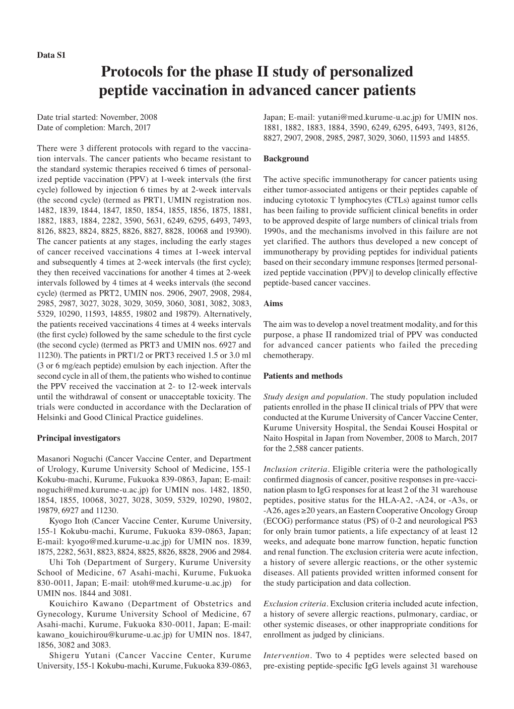 Protocols for the Phase II Study of Personalized Peptide Vaccination in Advanced Cancer Patients