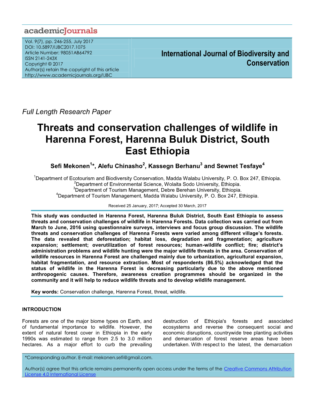 Threats and Conservation Challenges of Wildlife in Harenna Forest, Harenna Buluk District, South East Ethiopia