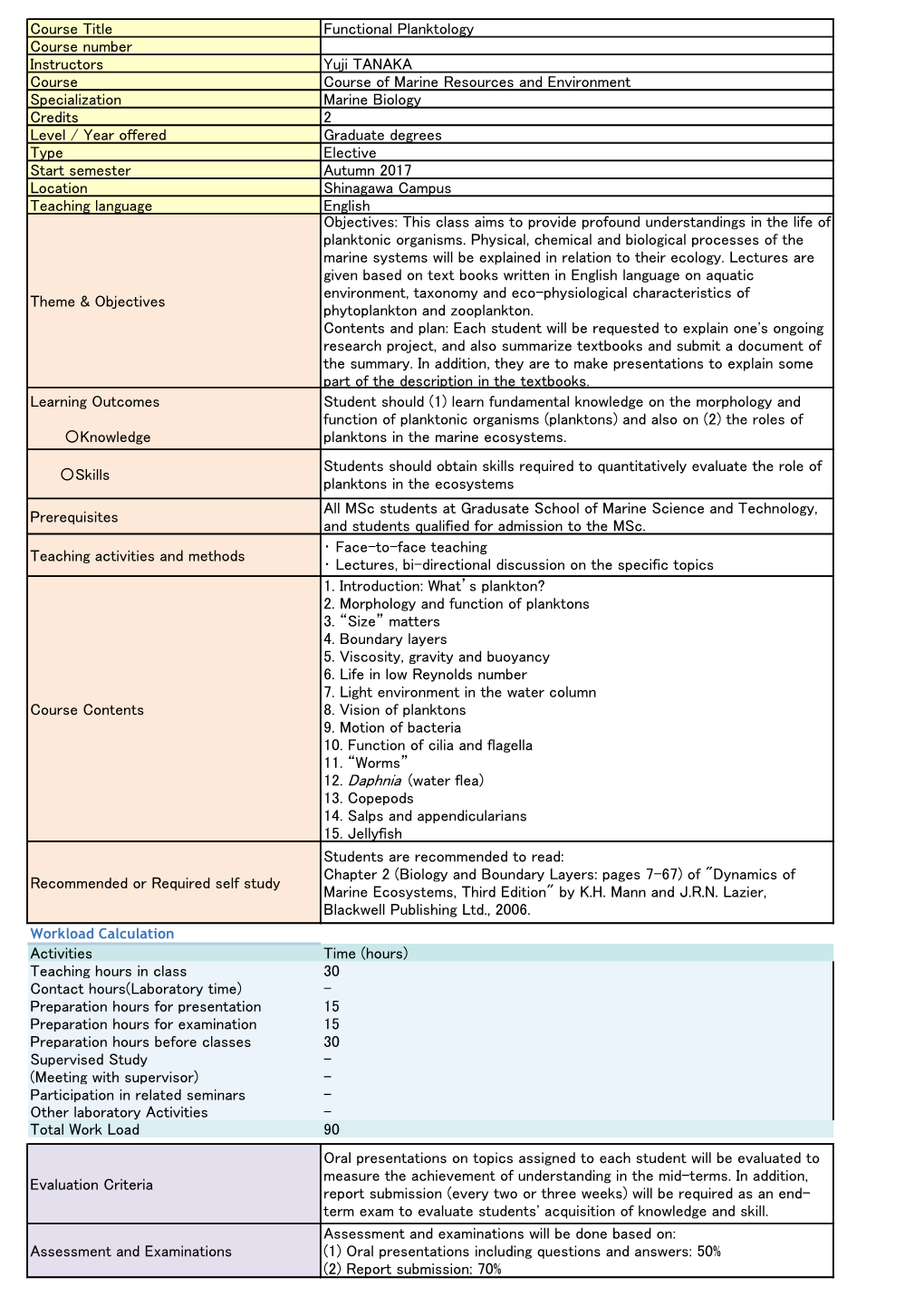 Course Title Functional Planktology Course Number Instructors Yuji