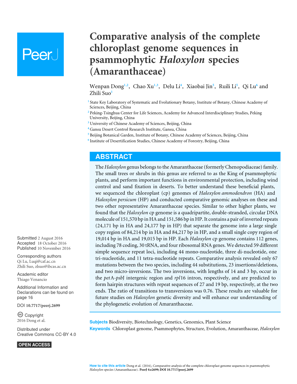 Comparative Analysis of the Complete Chloroplast Genome Sequences in Psammophytic Haloxylon Species (Amaranthaceae)