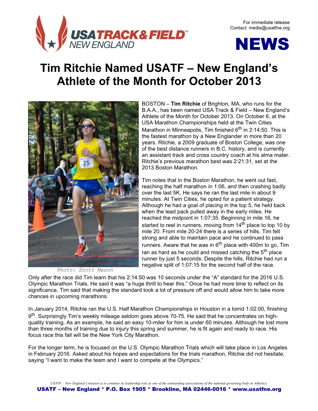 Tim Ritchie Named USATF – New England's Athlete of the Month For