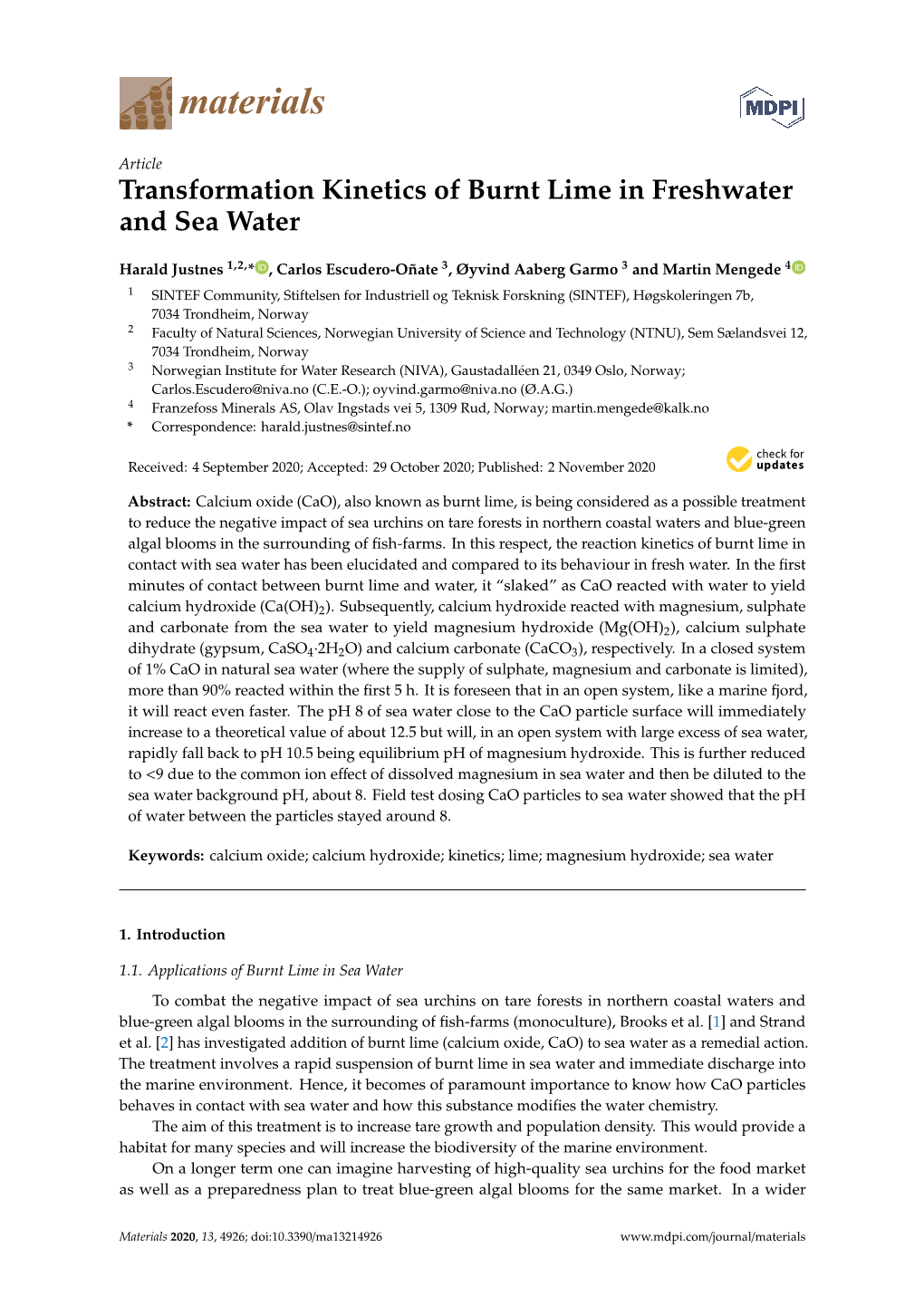 Transformation Kinetics of Burnt Lime in Freshwater and Sea Water