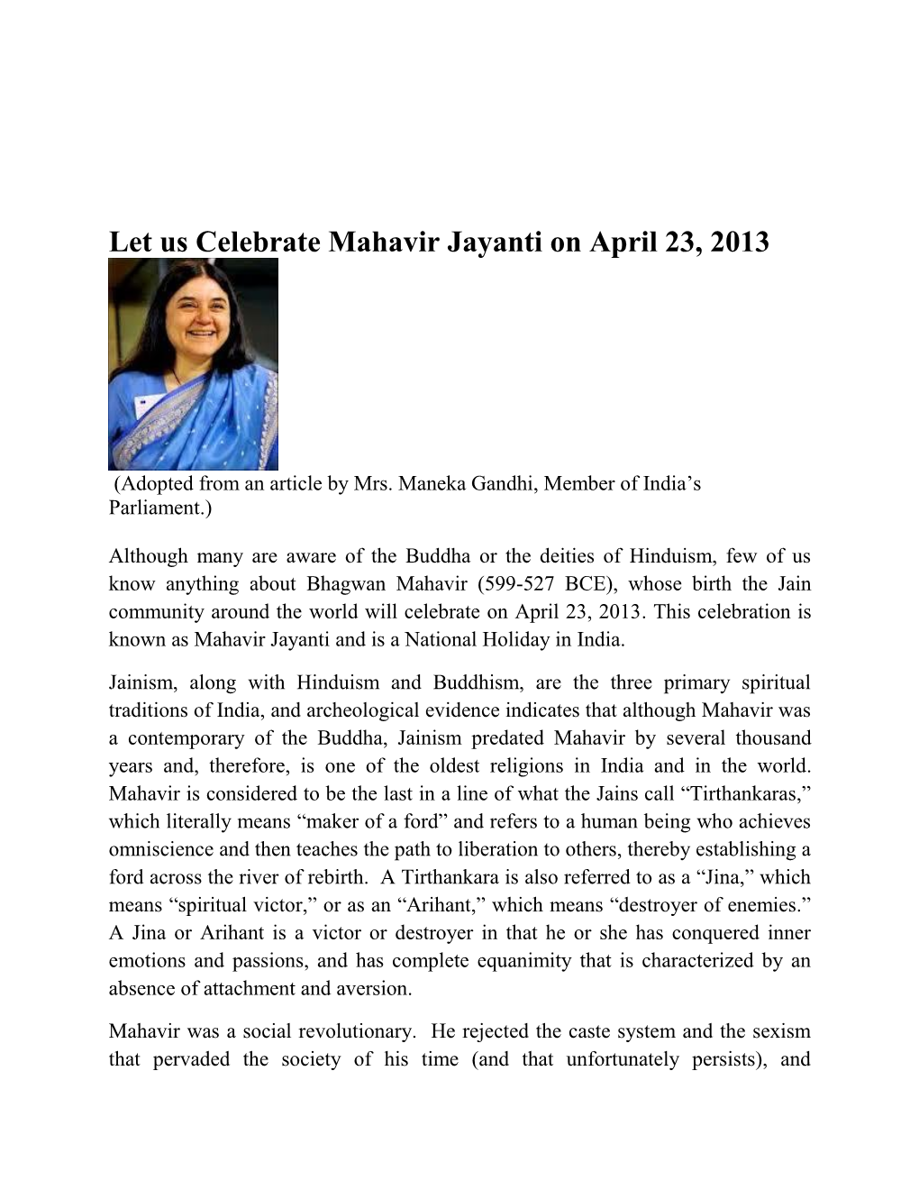 Let Us Celebrate Mahavir Jayanti on April 23, 2013
