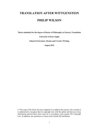 Translation After Wittgenstein Philip Wilson