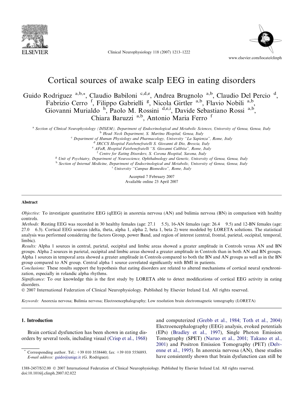 Cortical Sources of Awake Scalp EEG in Eating Disorders