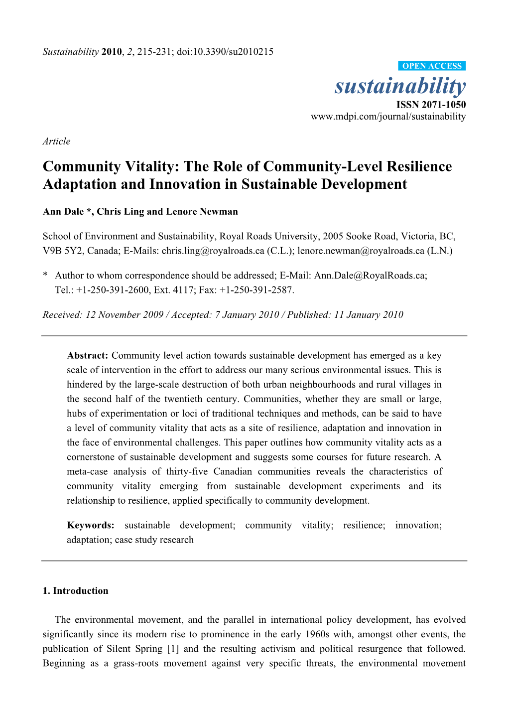 Sustainability 2010, 2, 215-231; Doi:10.3390/Su2010215 OPEN ACCESS Sustainability ISSN 2071-1050