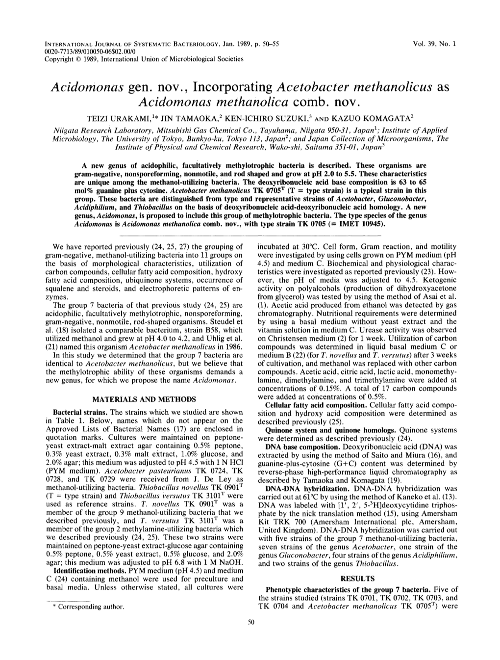 Acidomonas Gen. Nov. Incorporating Acetobacter Methanolicus As Acidomonas Methanolica Comb