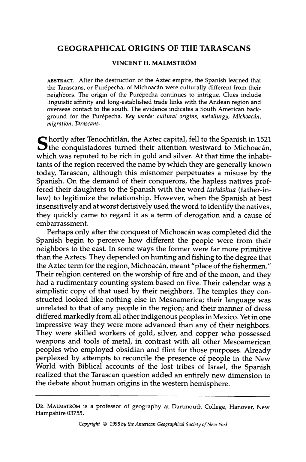 Geographical Origins of the Tarascans