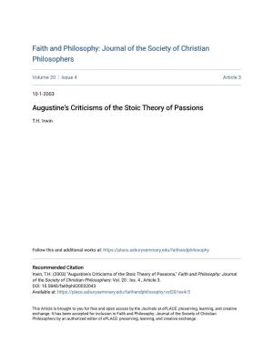 Augustine's Criticisms of the Stoic Theory of Passions