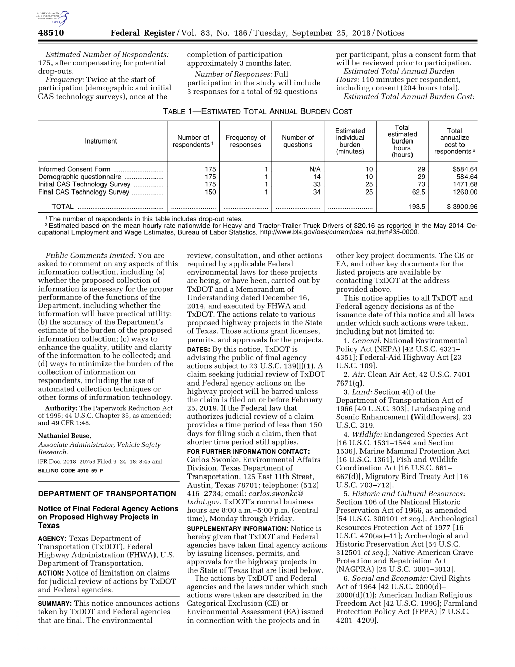 Federal Register/Vol. 83, No. 186/Tuesday, September 25, 2018