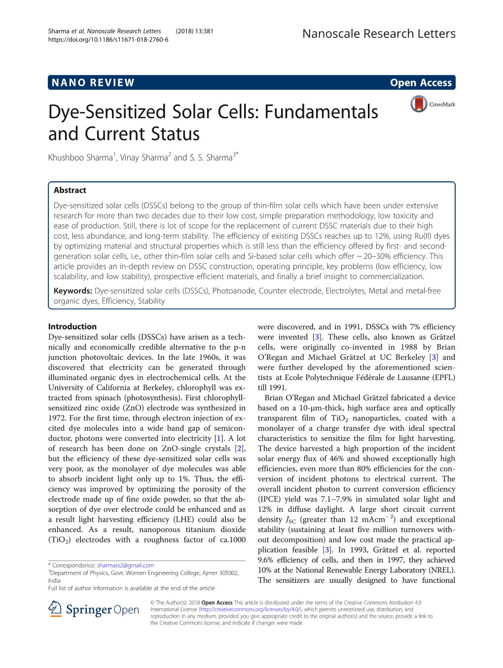 Dye-Sensitized Solar Cells: Fundamentals and Current Status Khushboo Sharma1, Vinay Sharma2 and S