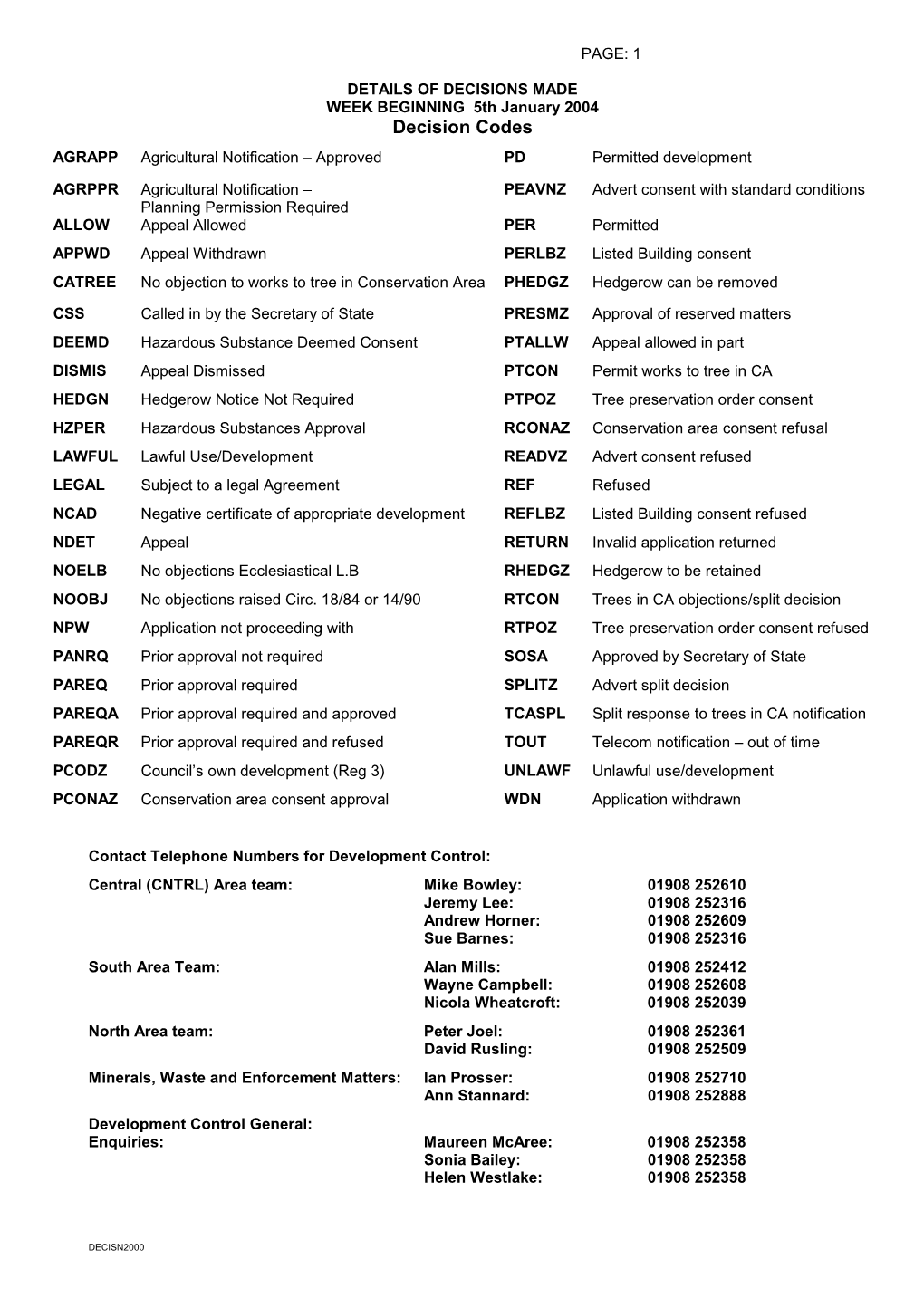 Decision Codes