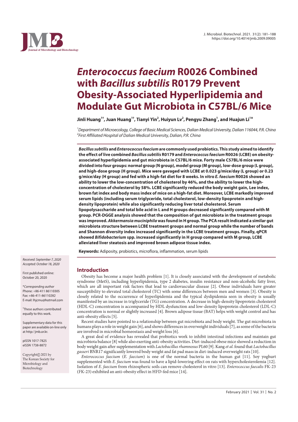 Enterococcus Faecium R0026 Combined with Bacillus Subtilis R0179 Prevent Obesity-Associated Hyperlipidemia and Modulate Gut Microbiota in C57BL/6 Mice