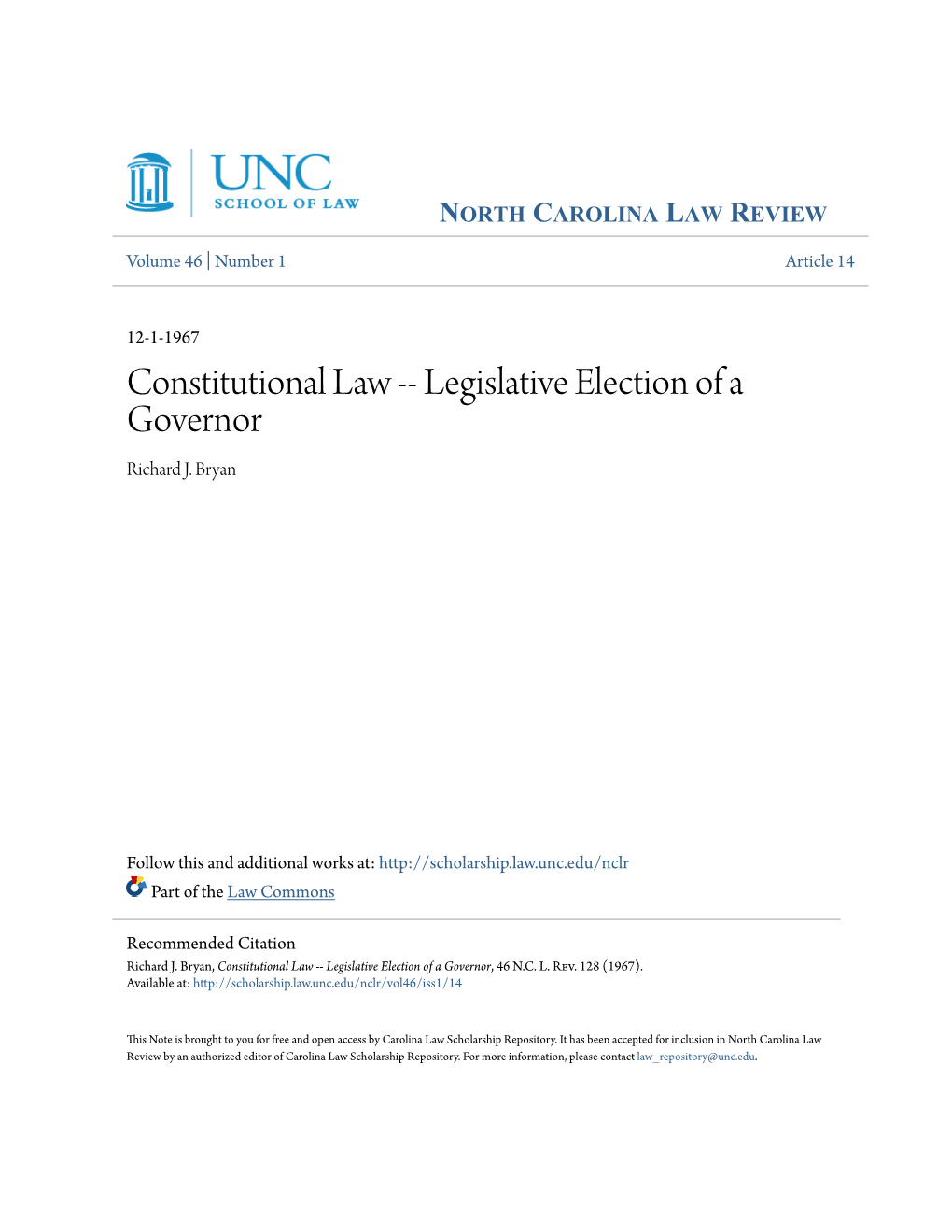 Constitutional Law -- Legislative Election of a Governor Richard J