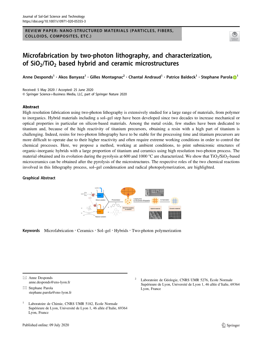 Microfabrication by Two-Photon Lithography, and Characterization, of Sio2/Tio2 Based Hybrid and Ceramic Microstructures