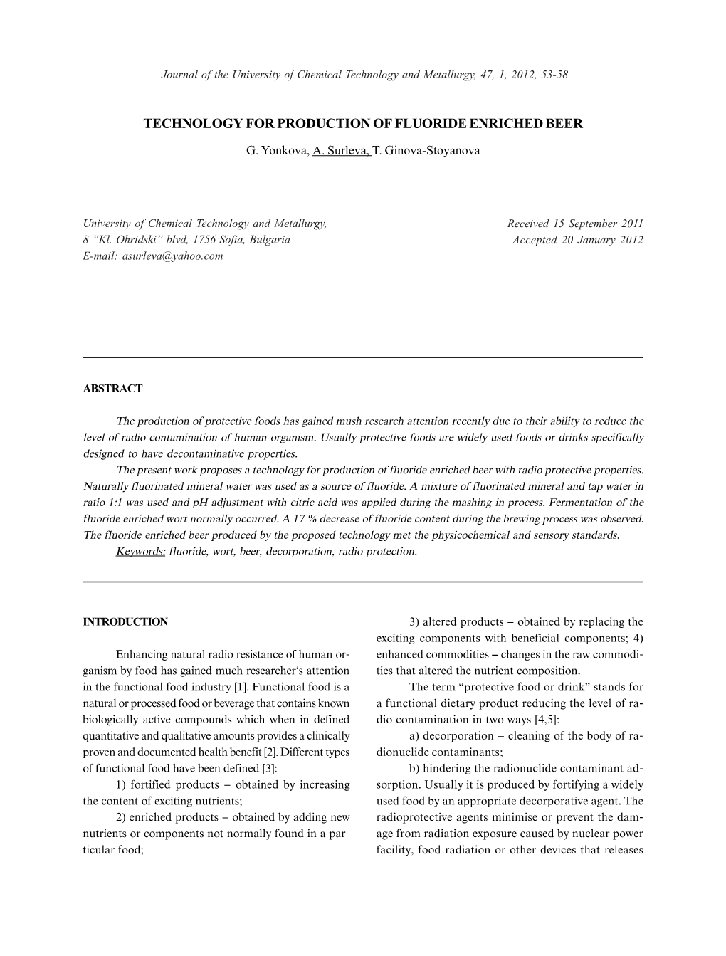 Technology for Production of Fluoride Enriched Beer