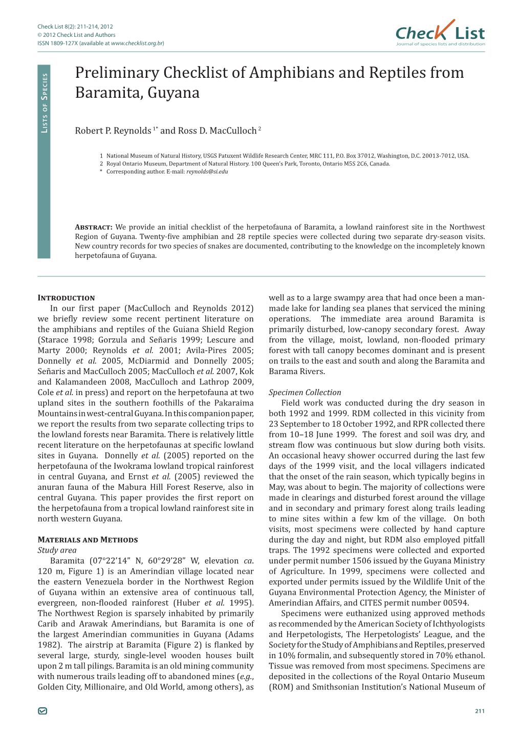 Preliminary Checklist of Amphibians and Reptiles from Baramita, Guyana