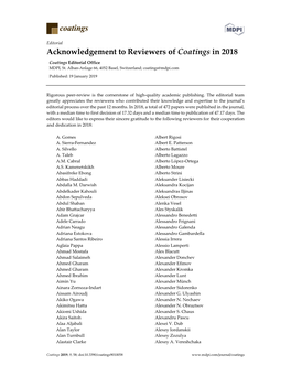 Acknowledgement to Reviewers of Coatings in 2018 Coatings Editorial Office MDPI, St