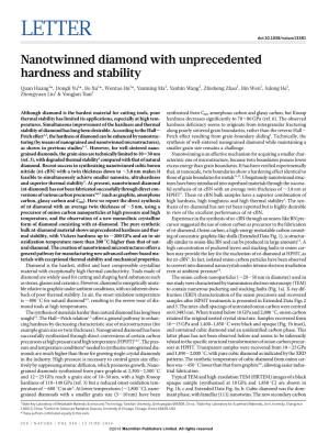 Nanotwinned Diamond with Unprecedented Hardness and Stability