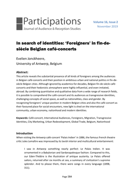 In Search of Identities: 'Foreigners' in Fin-De- Siècle Belgian Café-Concerts