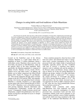 Changes in Eating Habits and Food Traditions of Indo-Mauritians