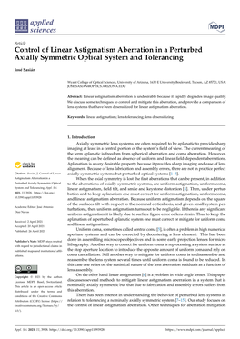 Control of Linear Astigmatism Aberration in a Perturbed Axially Symmetric Optical System and Tolerancing