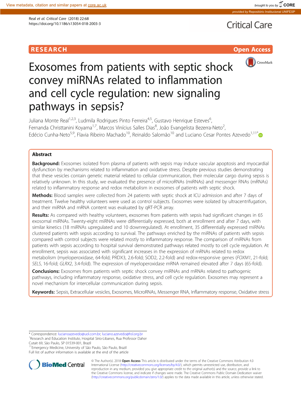 Exosomes from Patients with Septic Shock Convey Mirnas Related to Inflammation and Cell Cycle Regulation