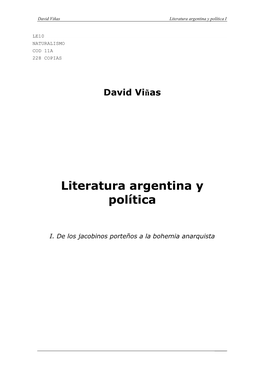 Viñas David -Literatura Argentina Y Politica-De Los Jacobinos Porteños A