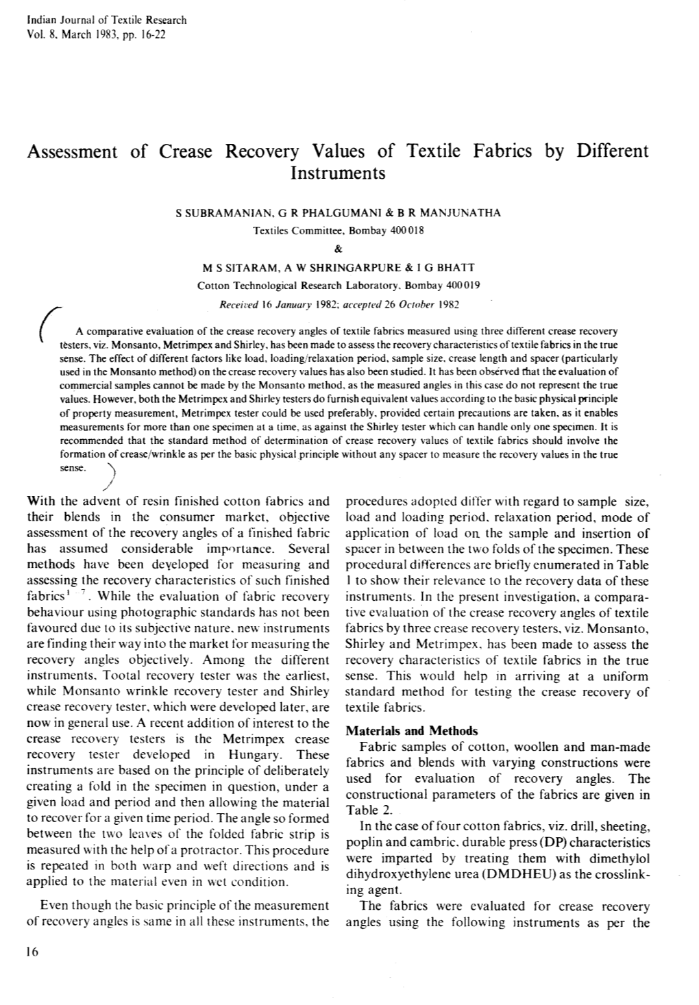 Assessment of Crease Recovery Values of Textile Fabrics by Different Instruments