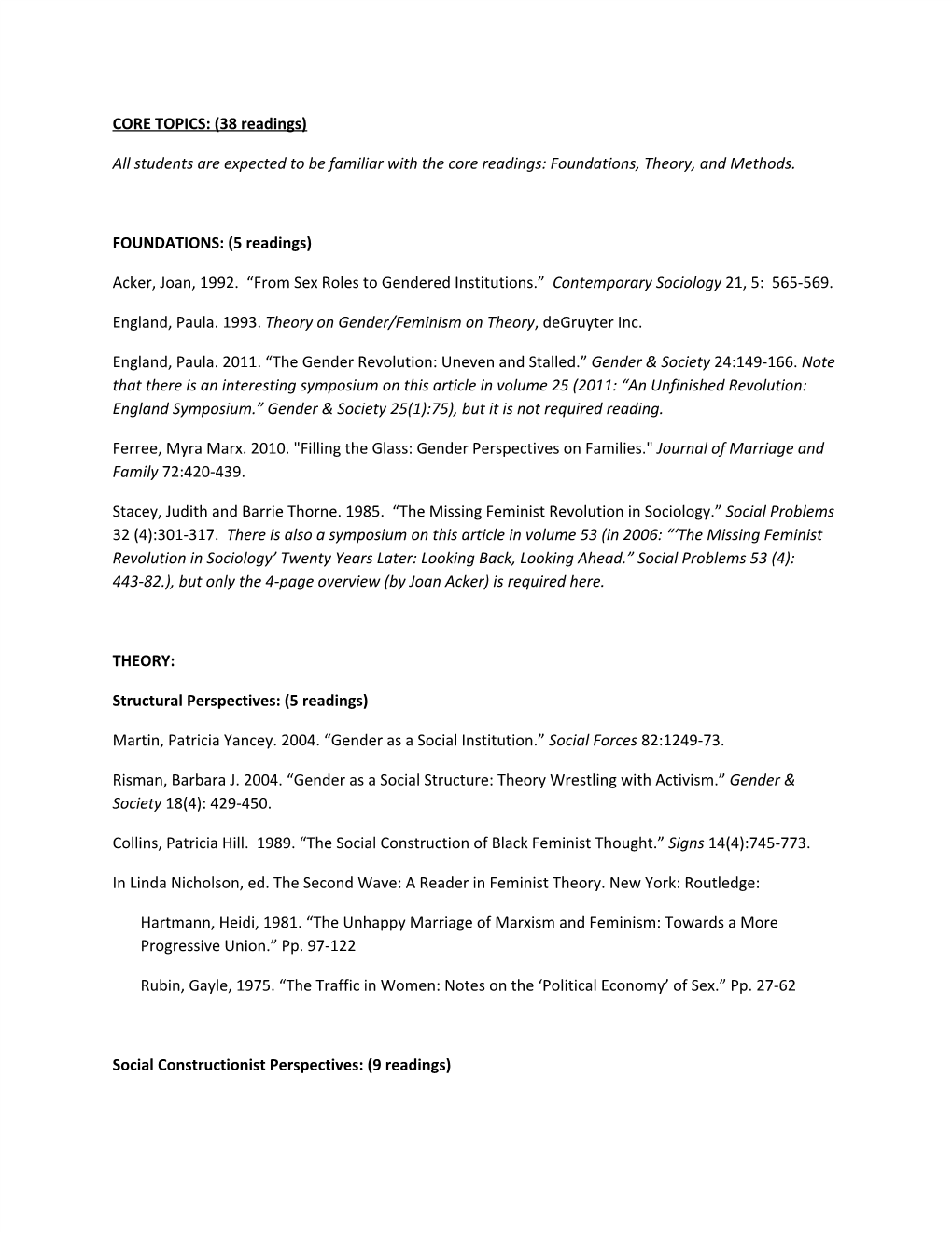 CORE TOPICS: (38 Readings) All Students Are Expected to Be Familiar with the Core Readings: Foundations, Theory, and Methods. FO