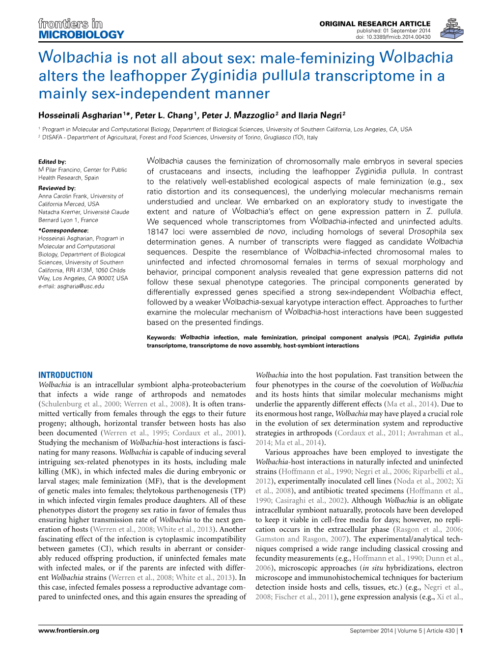 Wolbachia Is Not All About Sex: Male-Feminizing Wolbachia Alters the Leafhopper Zyginidia Pullula Transcriptome in a Mainly Sex-Independent Manner