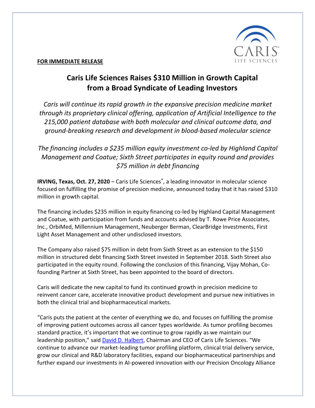 Caris Life Sciences Raises $310 Million in Growth Capital from a Broad Syndicate of Leading Investors