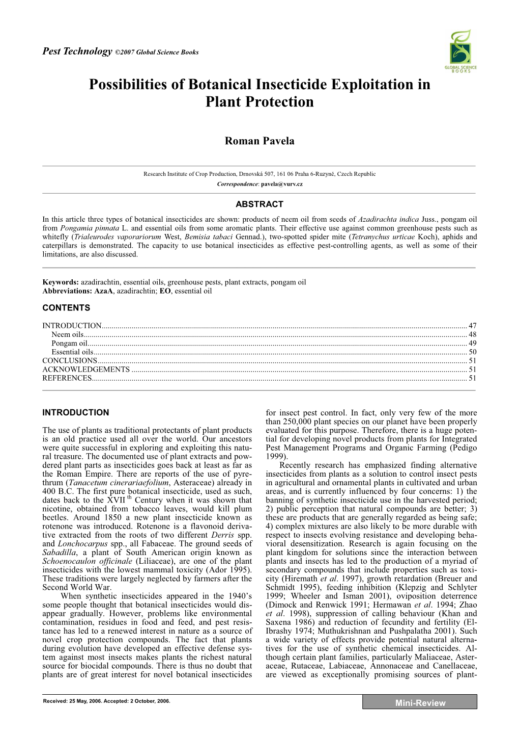 Possibilities of Botanical Insecticide Exploitation in Plant Protection