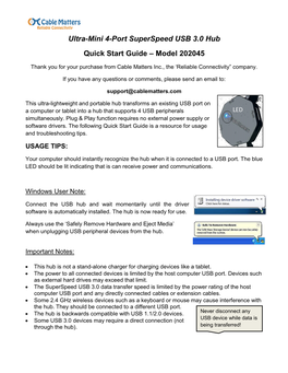 Ultra-Mini 4-Port Superspeed USB 3.0 Hub Quick Start Guide – Model 202045