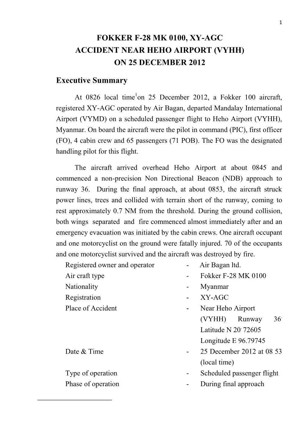 Fokker F-28 Mk 0100, Xy-Agc Accident Near Heho Airport (Vyhh) on 25 December 2012