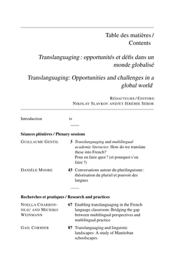 Table Des Matières / Contents Translanguaging