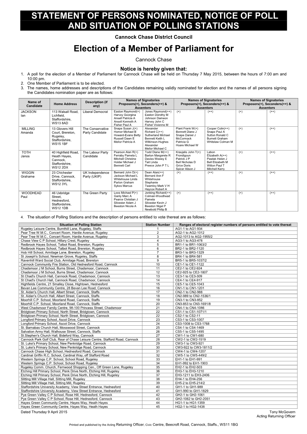 Statement of Persons Nominated & Notice of Poll & Situation of Polling