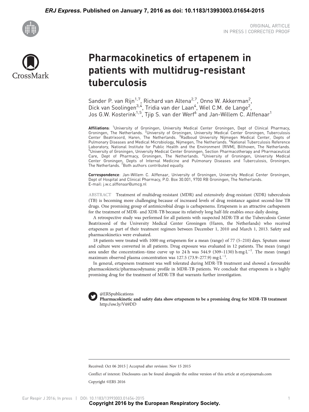 Pharmacokinetics of Ertapenem in Patients with Multidrug-Resistant Tuberculosis