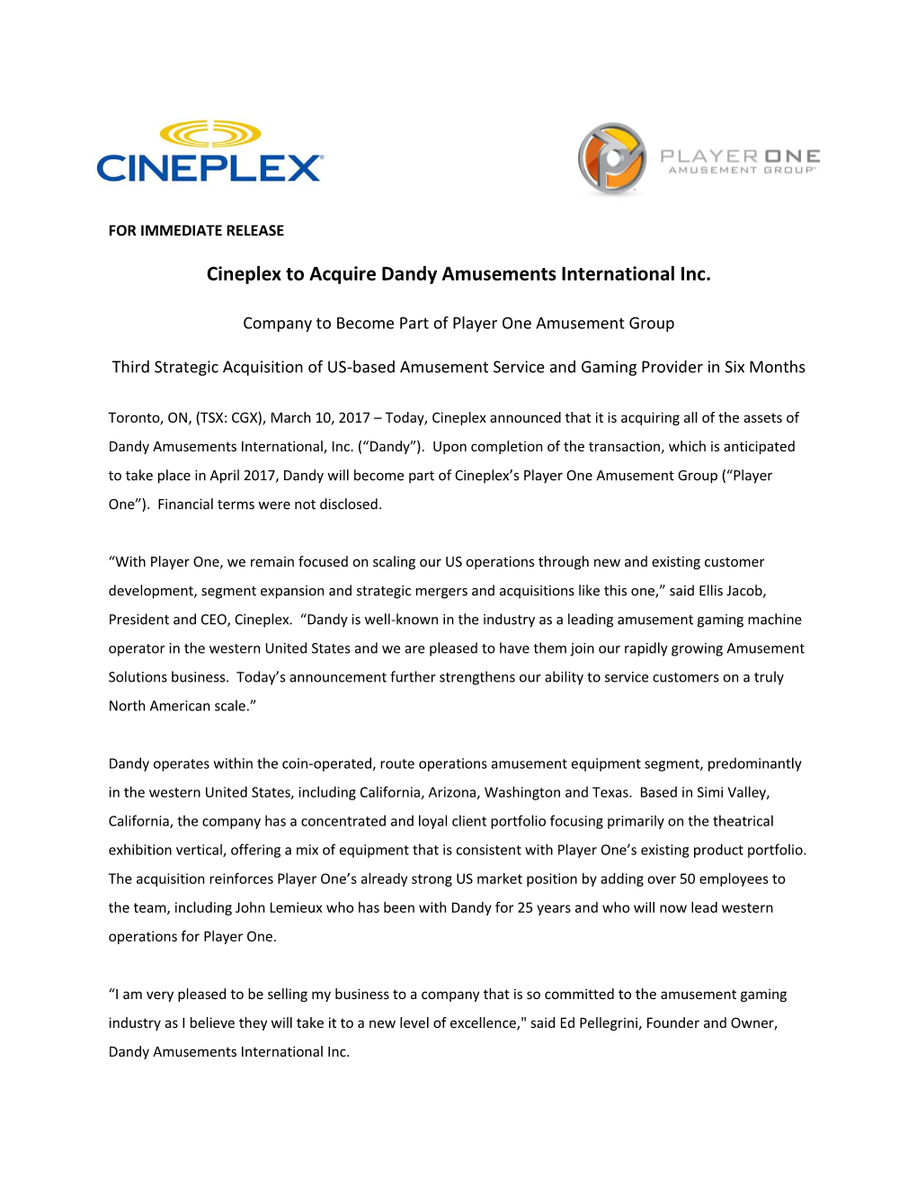 Cineplex to Acquire Dandy Amusements International Inc