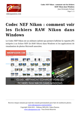 Codec NEF Nikon : Comment Voir Les Fichiers RAW Nikon Dans Windows Jean-Christophe Dichant Page 1 / 5 Nikonpassion.Com