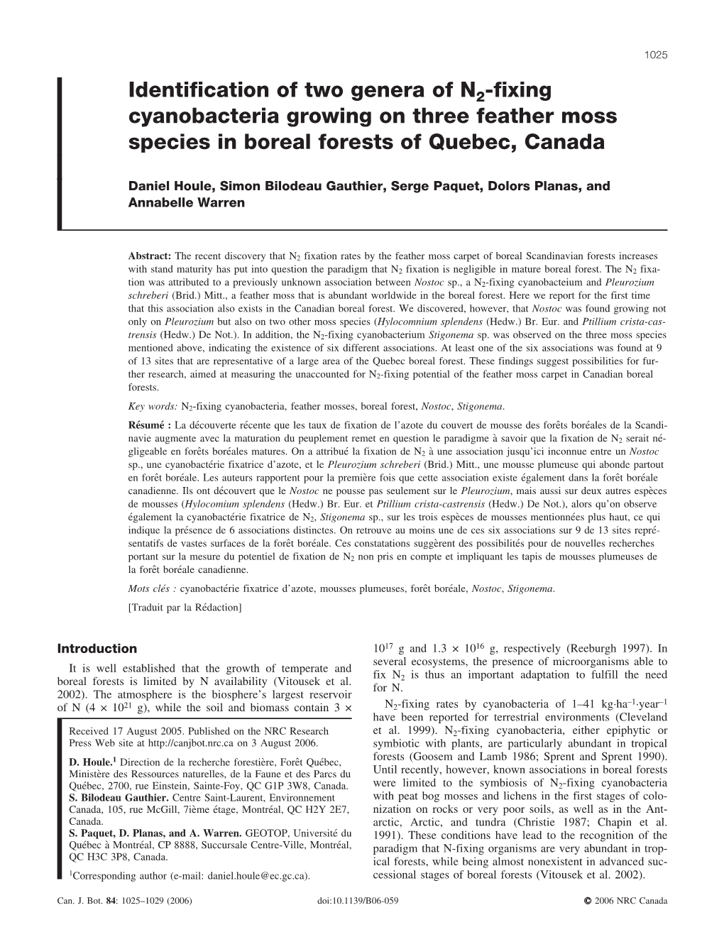 Fixing Cyanobacteria Growing on Three Feather Moss Species in Boreal Forests of Quebec, Canada