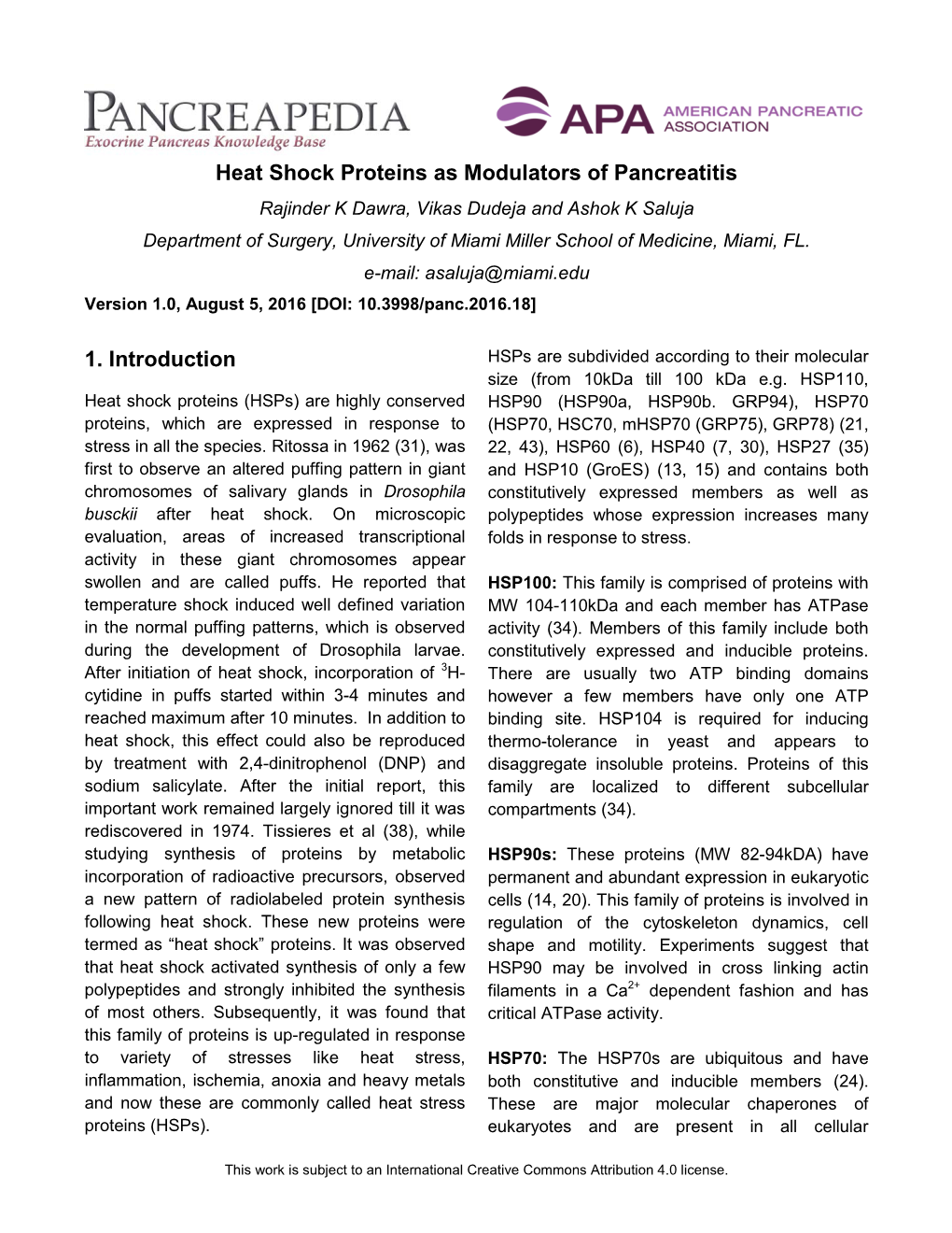 Heat Shock Proteins As Modulators of Pancreatitis