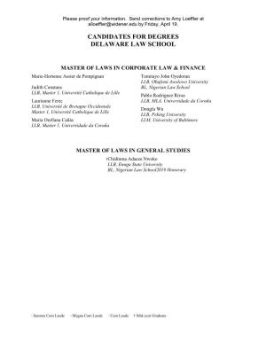 Candidates for Degrees Delaware Law School
